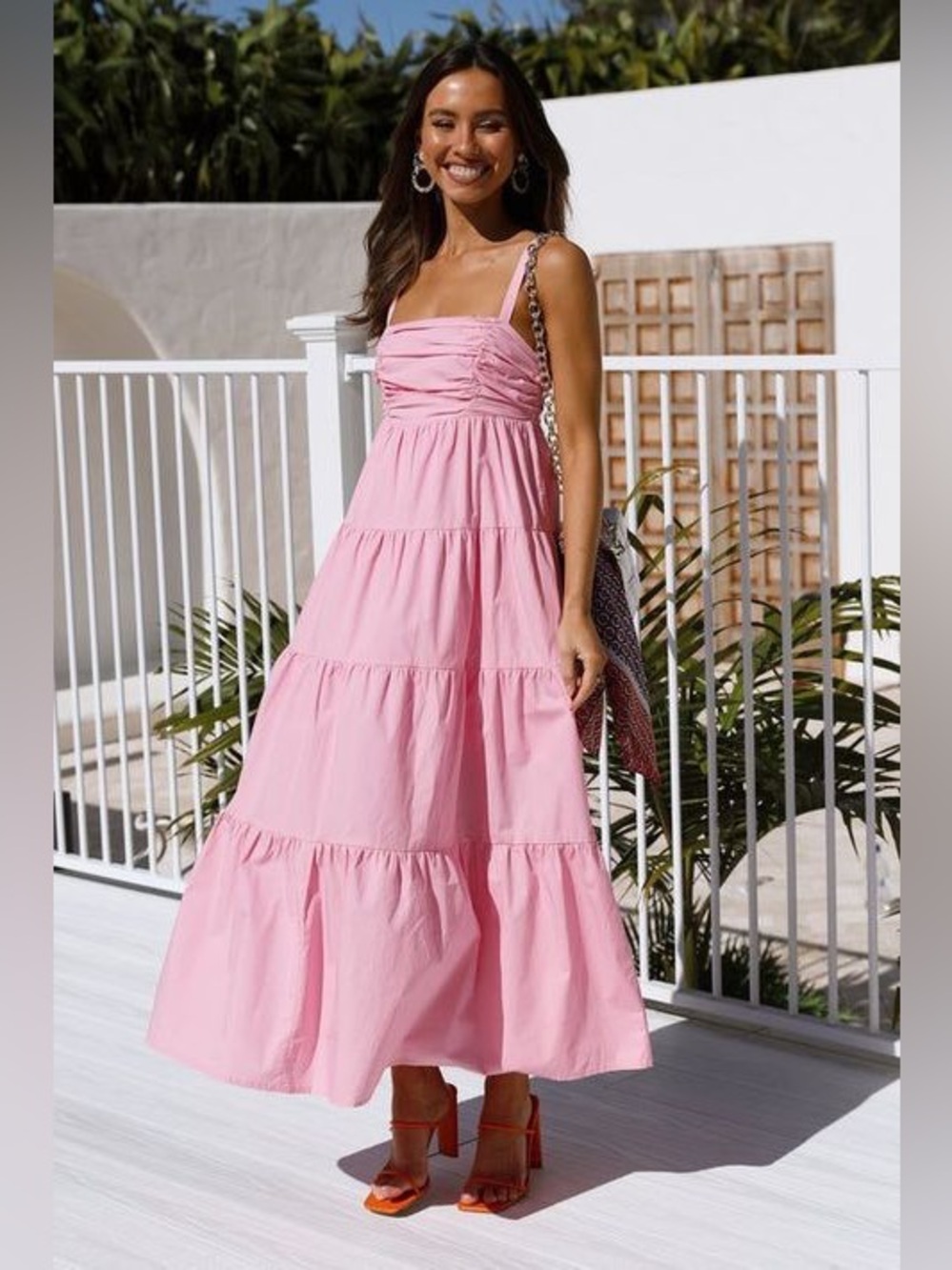 Pink Tiered Maxi Sundress with Ruched Bodice Zara